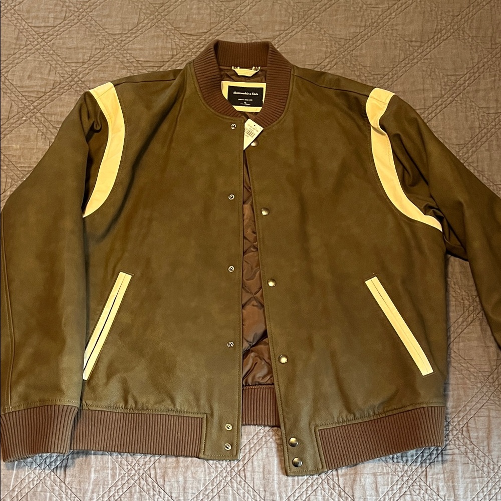 Abercrombie & Fitch Olive Bomber Jacket with Beige Stripes